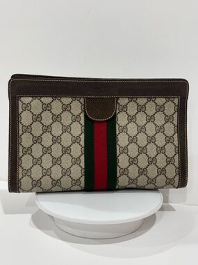Gucci Beige GG Canvas Clutch with Green and Red Web Stripe